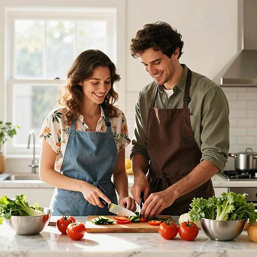 Photograph of a smiling couple chopping tomatoes in a bright kitchen, both wearing denim aprons over casual shirts, surrounded by fresh vegetables and bowls.