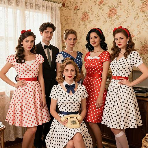 Photograph of six 1950s-style women and one man in polka dot dresses, red and white color schemes, standing in a floral-pattern