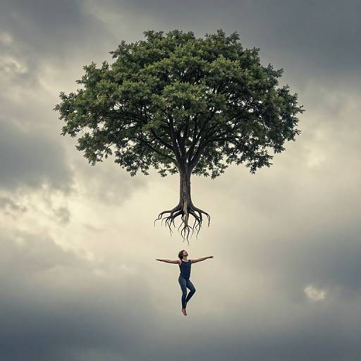 Photograph: Suspended tree with roots, floating above cloudy sky; man with outstretched arms, wearing dark clothing, hangs beneath it.