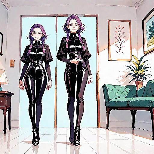 Anime Girl in Latex Bodysuit with Twin Braids