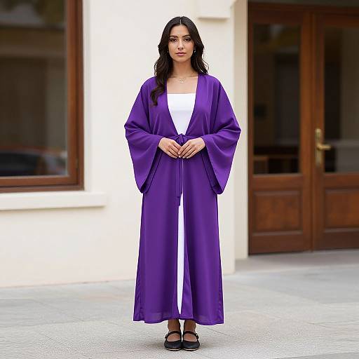 Photograph of a woman with long black hair, wearing a deep purple robe over a white top and pants, standing in front of a building with wooden