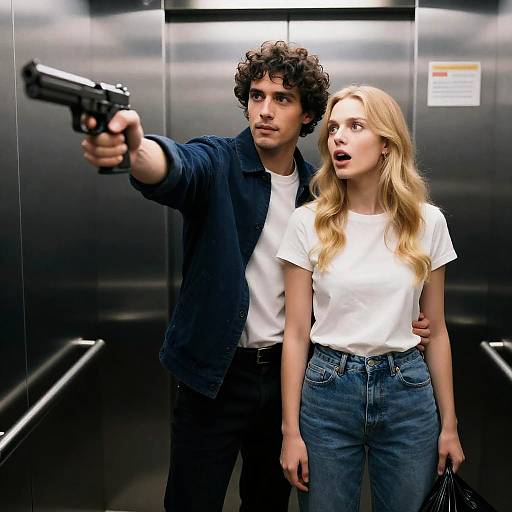 Man Pointing Gun in Elevator with Surprised Woman
