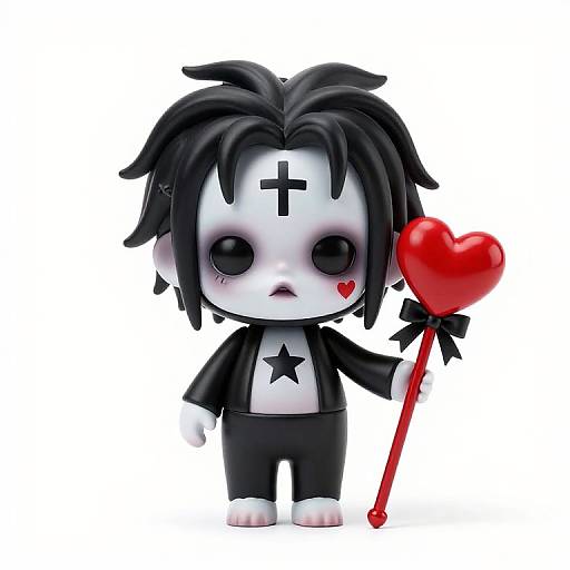 Chibi doll with black dreadlocks, white face, black cross and star, holding red heart-shaped staff, white background, small red heart near eye