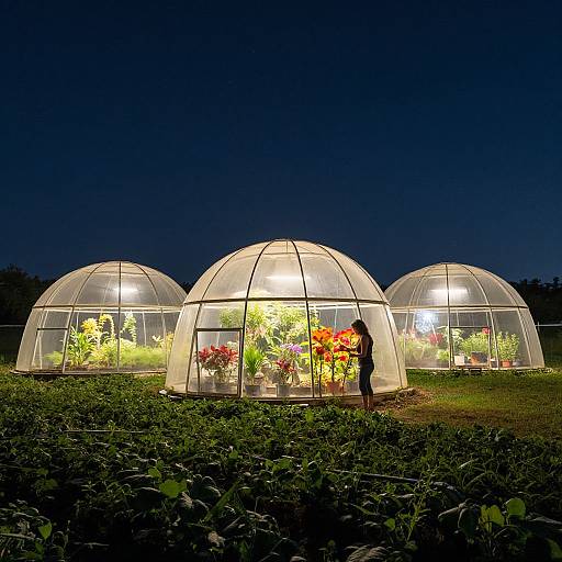 Photograph of three illuminated greenhouses at night, filled with vibrant flowers, under a dark blue sky, with a silhouetted person in the
