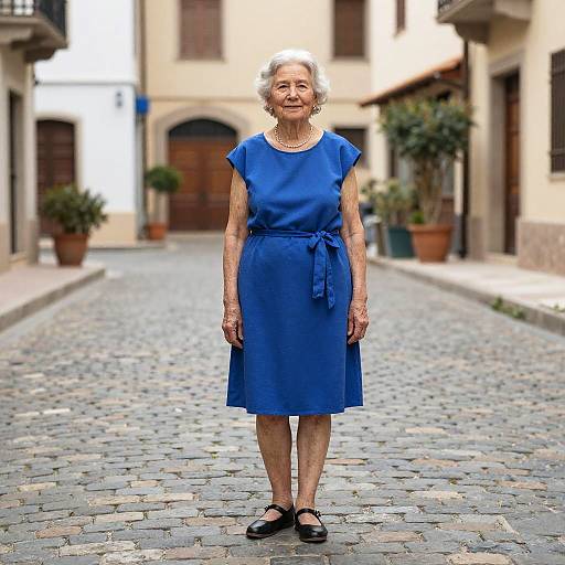 Elderly Woman in Blue Dress on Cobblestone Street