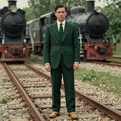 Photograph of a serious man in a dark green checkered suit, white shirt, green tie, and brown shoes, standing on railway tracks with two