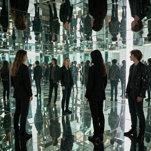 Photograph of people in black clothing standing in front of a reflective, mirrored wall, creating multiple distorted reflections of their faces and bodies. Bright, modern