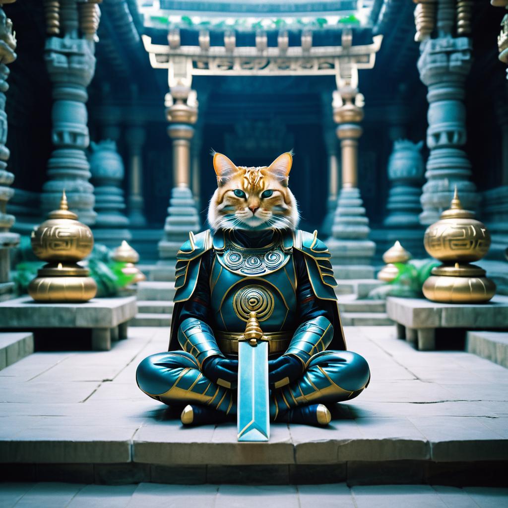 Feline Warrior Meditating in Cosmic Temple