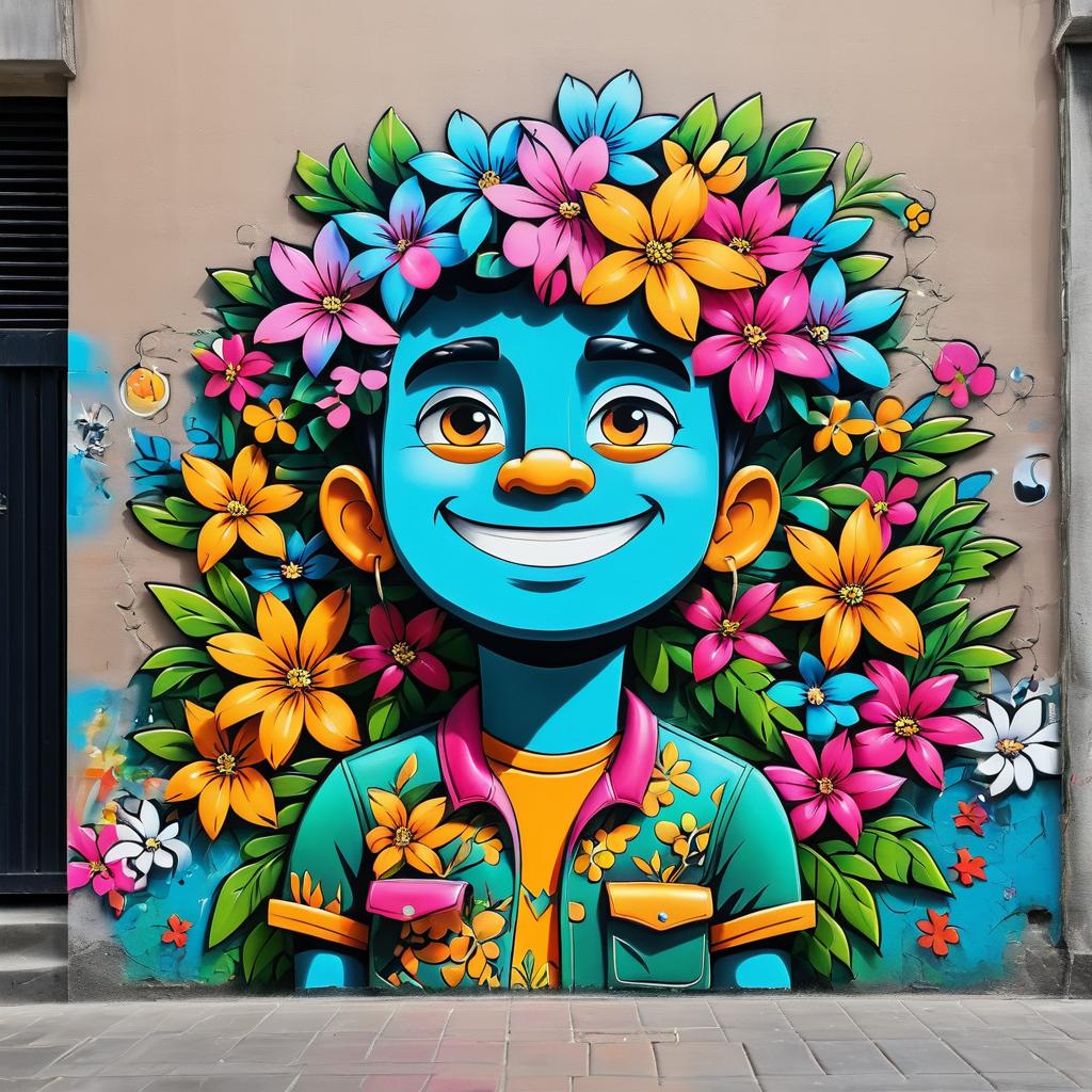 Vibrant Street Art: Cartoon Character with Flowers