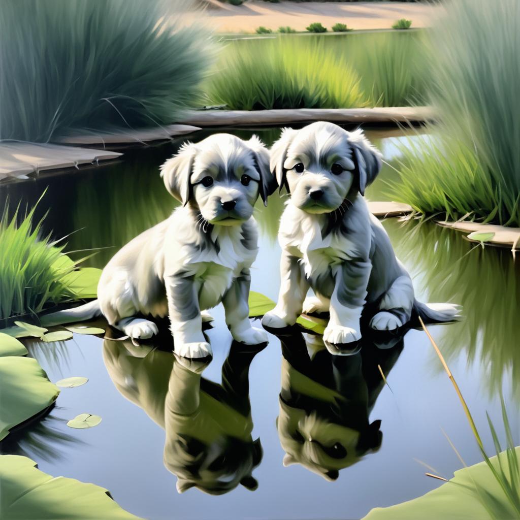 Playful Puppies by a Serene Pond