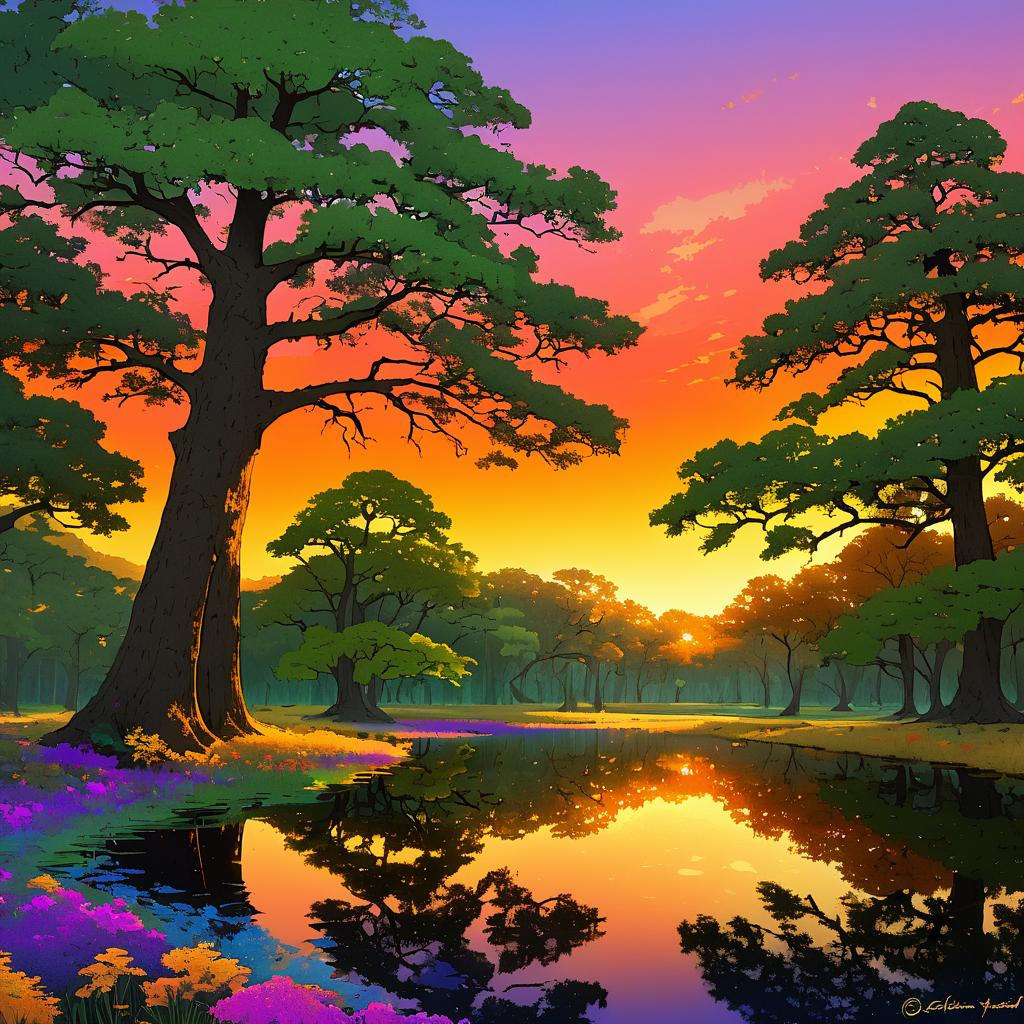 Tranquil Ancient Oak Forest at Sunset