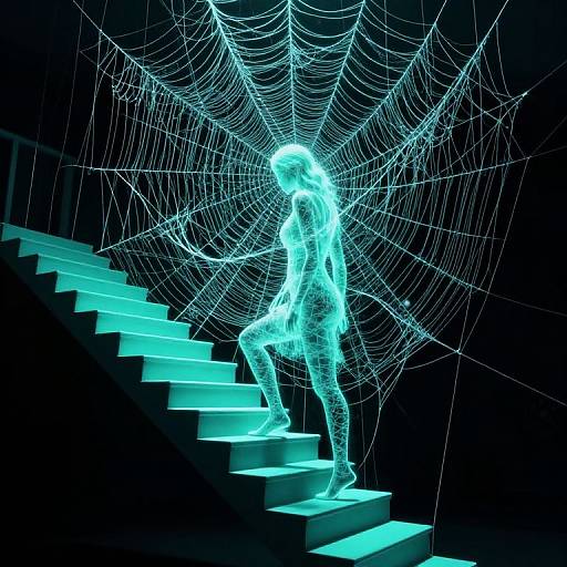 Glowing neon wireframe woman on staircase, surrounded by large, illuminated spider web. Digital art, neon blue, black background.