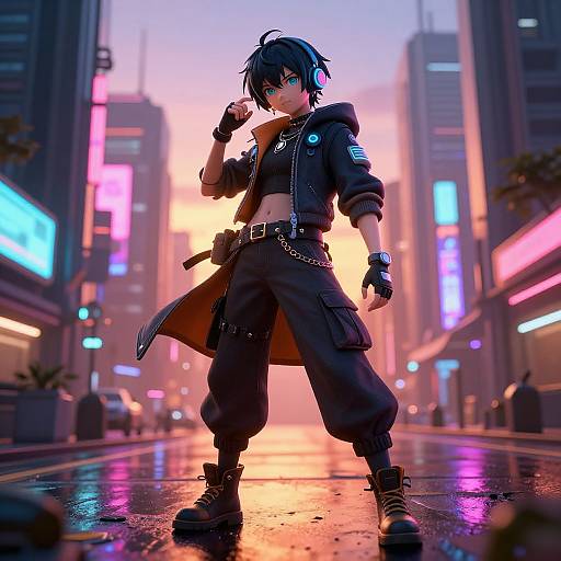 Cyberpunk anime-style character with blue hair, headset, black jacket, and cargo pants, standing confidently on a neon-lit city street.