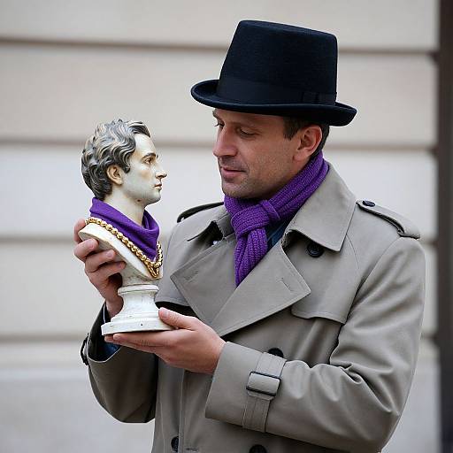 Photograph of a man in a black hat and grey coat, holding a white bust with a purple scarf and gold chain.