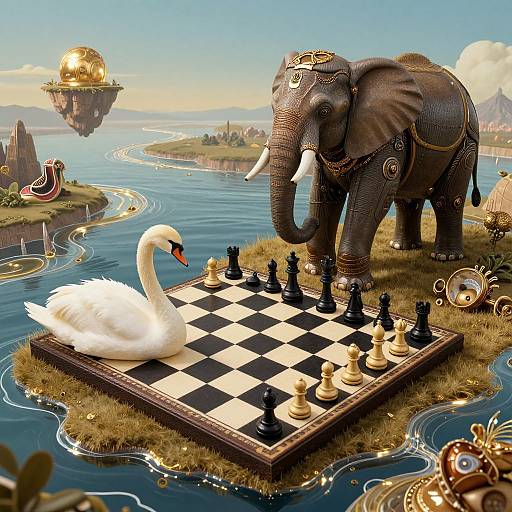 Fantasy illustration of an ornate elephant and white swan playing chess on a floating island, with golden airships and surreal landscapes.
