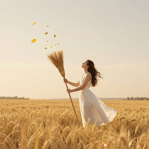 Photograph of a woman with long dark hair, wearing a flowing white dress, standing in a golden wheat field, holding a straw broom, with