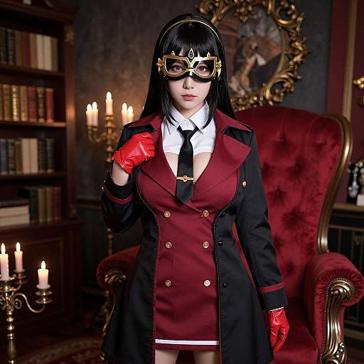 Photograph of a woman in a maroon and black cosplay uniform with red gloves, black tie, and gold-rimmed glasses, standing in a