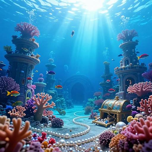 Underwater fantasy scene: Sunlight filters through blue water, illuminating vibrant coral reefs, colorful fish, ancient stone towers, and a gold treasure chest