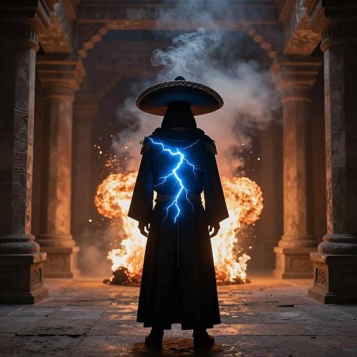 Mysterious Figure in Fiery Corridor Scene