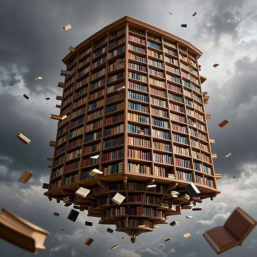 Photograph of a towering, floating, multi-story brick building with numerous windows, surrounded by flying books against a dramatic, cloudy sky.