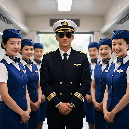 Pilot Surrounded by Flight Attendants