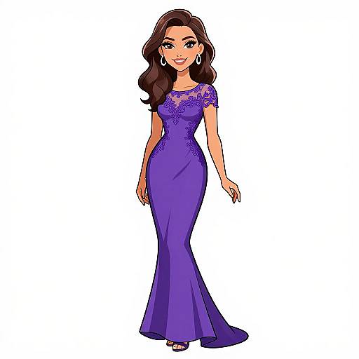Digital illustration of a smiling woman with long brown hair, wearing a purple lace-trimmed, form-fitting evening gown, silver earrings, and heels