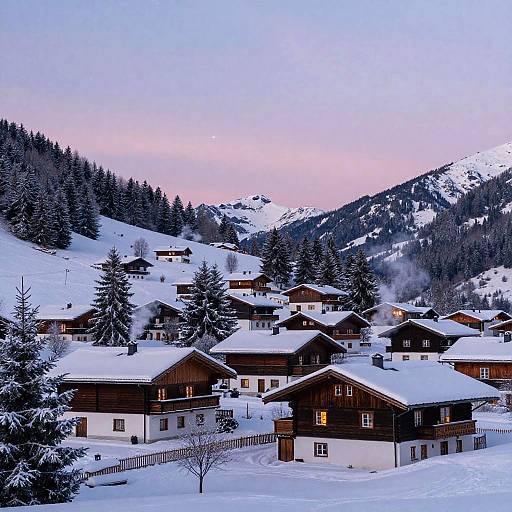 Photograph of a snowy alpine village at dusk, featuring wooden chalets with lit windows, surrounded by snow-covered evergreen trees and mountains, under