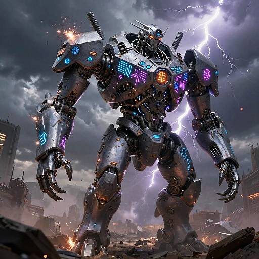 Digital artwork of a towering, cybernetic robot with glowing blue and purple accents, standing amidst a stormy, lightning-filled cityscape amidst destruction and