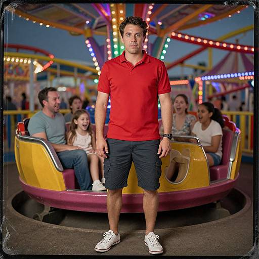 Photograph of a man in a red polo and navy shorts standing on a colorful carnival ride, with laughing families seated behind him. Bright lights and vibrant