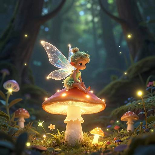 Whimsical digital artwork of a glowing fairy with translucent wings perched on a luminescent mushroom in a magical forest.
