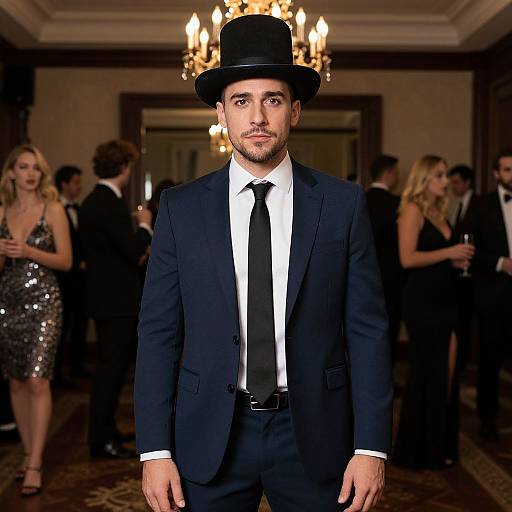 Photograph of a young man with medium skin tone and dark hair, wearing a black suit, tie, and bowler hat, standing in a dim
