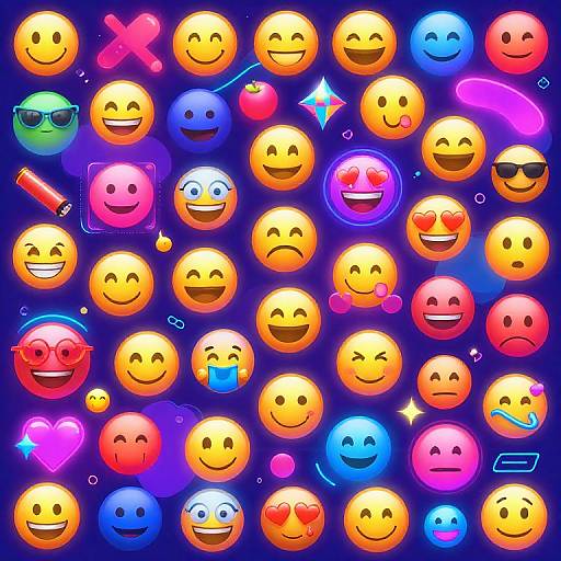Vibrant digital illustration of 36 colorful, glowing emoji faces with diverse expressions, including smiles, hearts, sunglasses, and tears, against a dark