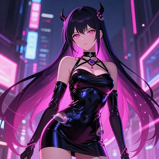 Digital anime-style artwork of a dark-haired, purple-eyed woman with black horns, wearing a shiny black latex dress and gloves, standing in a neon-l