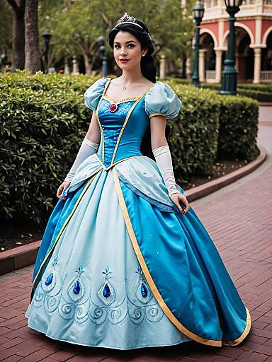 Photograph of a young woman in a detailed blue and white Disney princess dress with peacock patterns, white gloves, and a tiara, standing on
