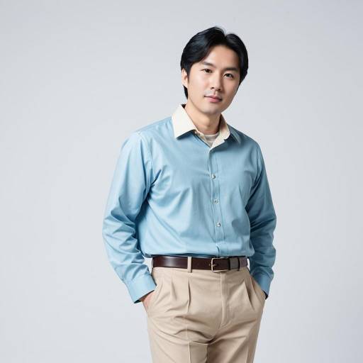 Mid-aged Korean Man in Blue Shirt and Beige Pants