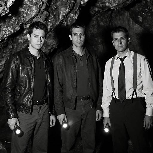Three Men Exploring Cave with Flashlights