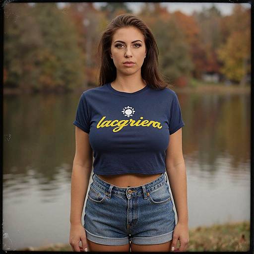 Photograph of a brunette woman with long hair, wearing a navy 