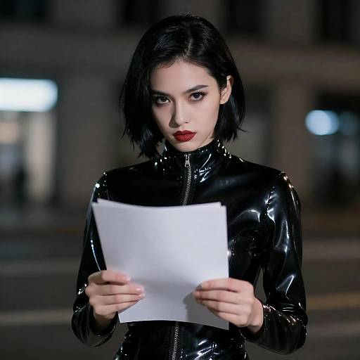 Latex-Clad Woman in Urban Nightscape