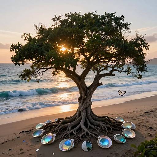 Photograph of a tree with roots encircling glowing, iridescent orbs on a sandy beach at sunset, with a butterfly nearby.
