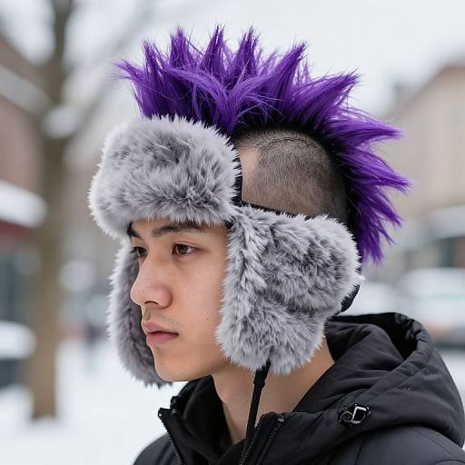 Photograph of young Asian man with purple spiky hair, wearing grey fur ear warmers, black hooded jacket, winter street background.