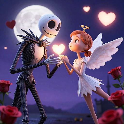 Jack Skellington and Angel Cupid Sharing Glowing Heart