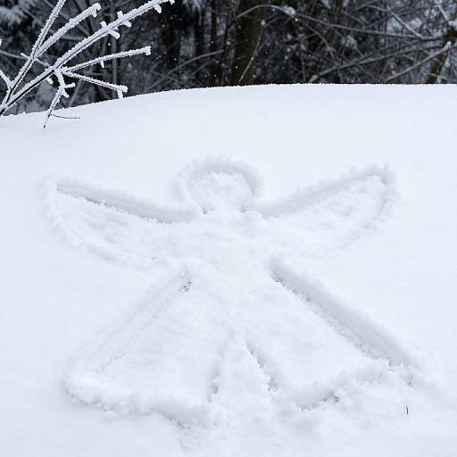 Photograph of a snow-covered ground with frosty tree branches in the upper left corner, set against a dark, forested background.