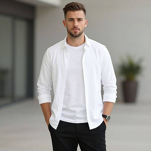 Photograph of a handsome, bearded man with short brown hair, wearing a white shirt, black pants, and a watch, standing confidently outdoors with