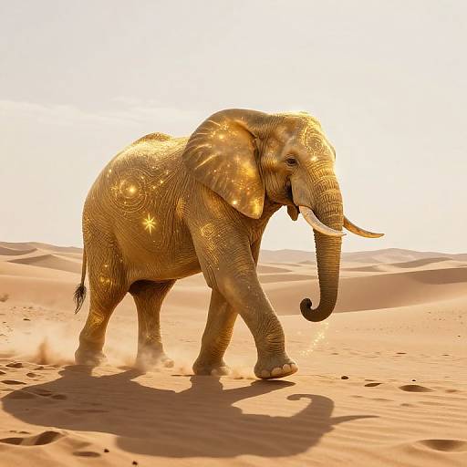 Photograph of a golden-hued elephant walking in a sunlit desert, with sunlight reflecting off its textured skin and creating star-like spots. Dust clouds