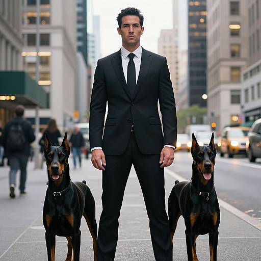 Photograph of a tall, handsome man in a black suit, white shirt, and black tie standing between two Doberman dogs on a busy city street