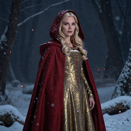 Photograph of a blonde woman with long curls, wearing a red hooded cloak over a gold, intricately patterned dress, standing in a snowy