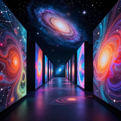 Photograph of a dark, narrow hallway with vibrant, swirling galaxy and nebula patterns on illuminated walls and ceiling, creating a cosmic, otherworldly