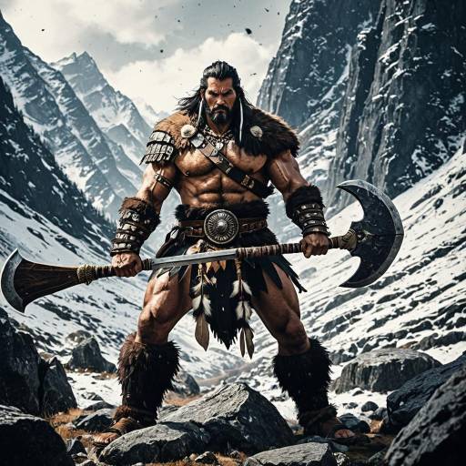 Barbarian Chief with War Axe in Mountain Pass