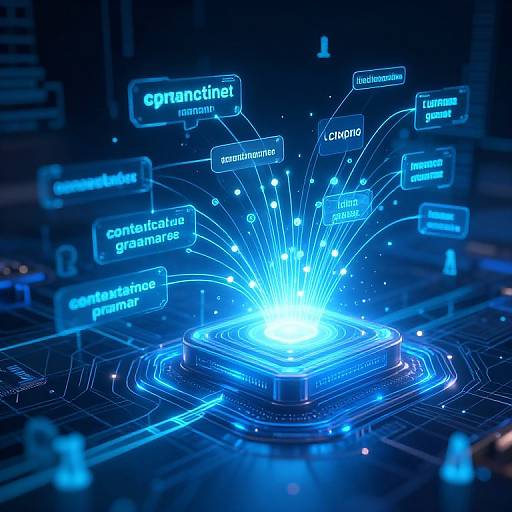 Digital CGI of a glowing, blue, hexagonal hub emitting bright light and connected to blue, neon-lit words 