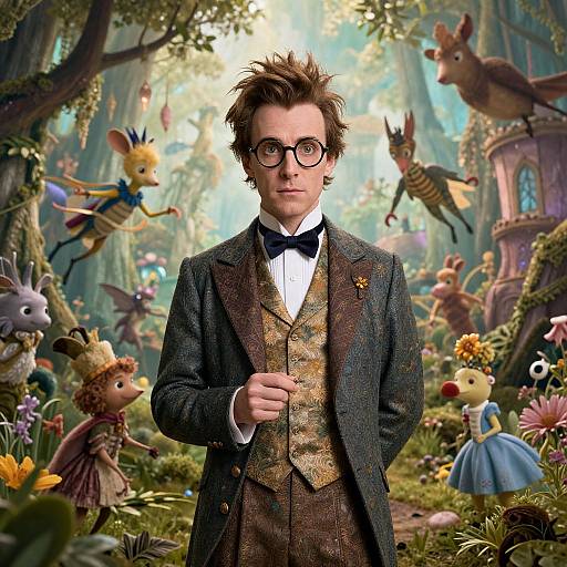 Photorealistic CGI image of a young man in a Victorian-style suit, with glasses, standing in a whimsical, fairy-tale forest filled with